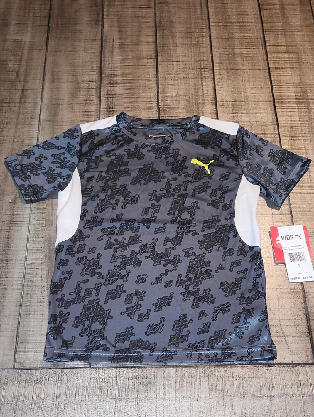 NWT Puma Castor Gray & White Boys' Short-Sleeve Athletic Tee with Yellow Logo